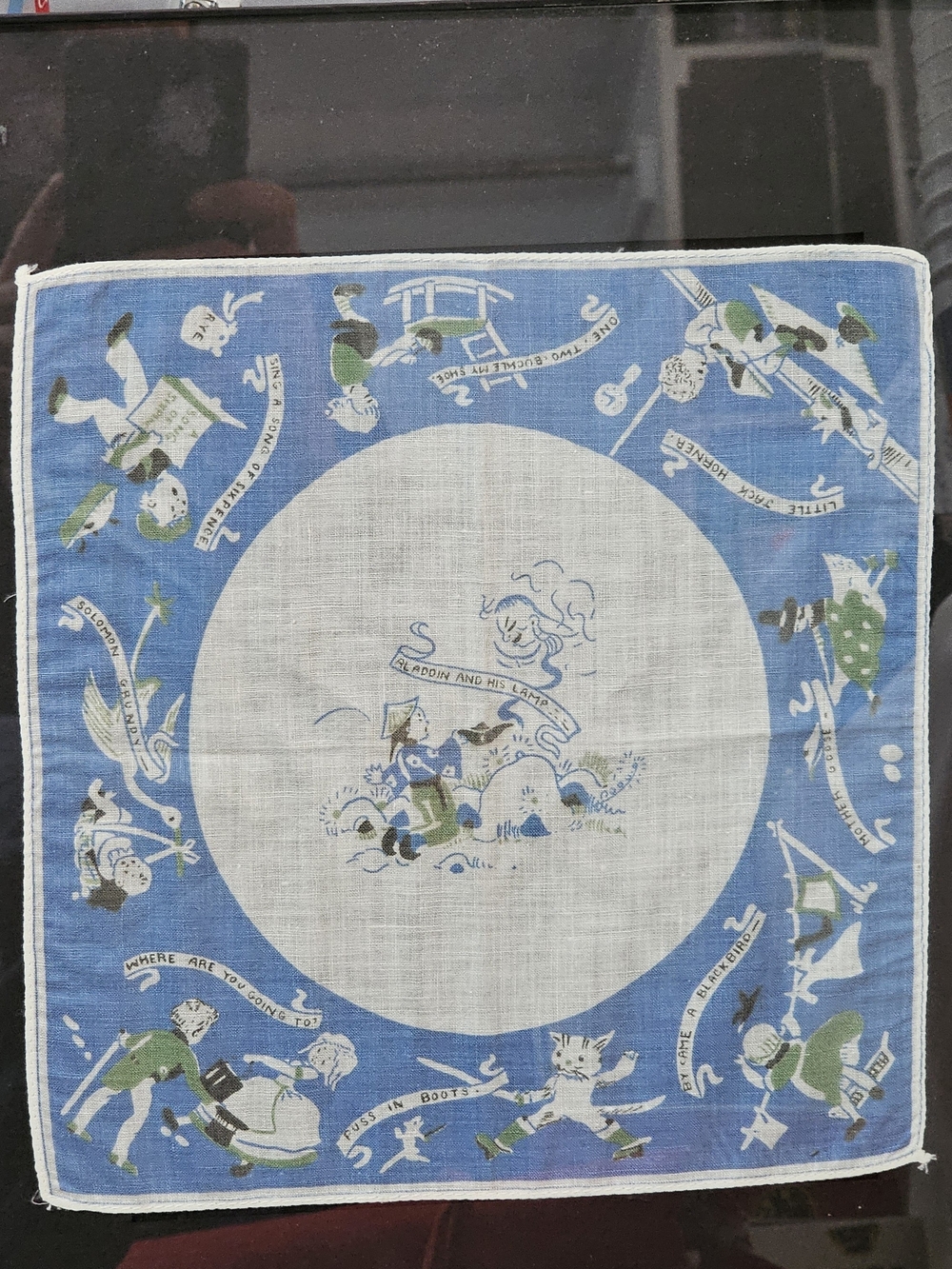 Vintage Childrens Blue & White Illustrated Handkerchief Nursery Rhymes 1940s